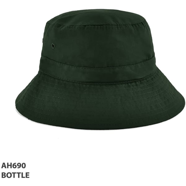 A green bucket hat featuring a wide brim and an eyelet for ventilation, with a branding logo present.