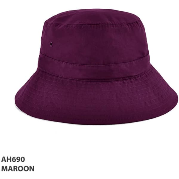 A maroon bucket hat with a wide brim and an interior sweatband, featuring a logo.
