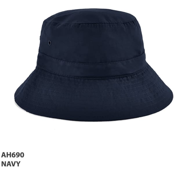 A navy bucket hat with a wide brim and a logo, made from polyviscose material.