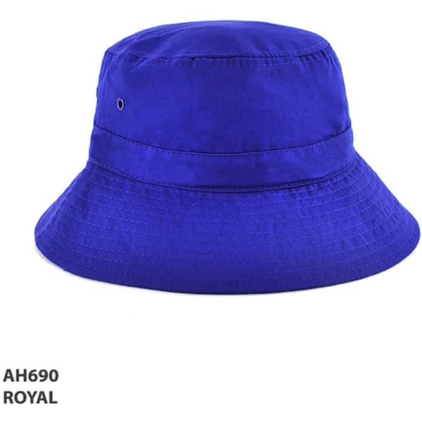 A royal blue bucket hat featuring a wide brim and a logo. Perfect for casual outdoor wear.