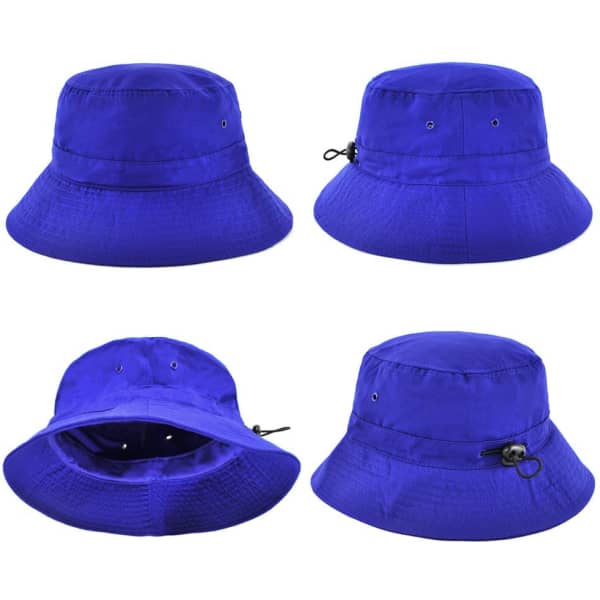 A vibrant blue polyviscose bucket hat featuring multiple angles and a drawstring for adjustment, with a logo present.