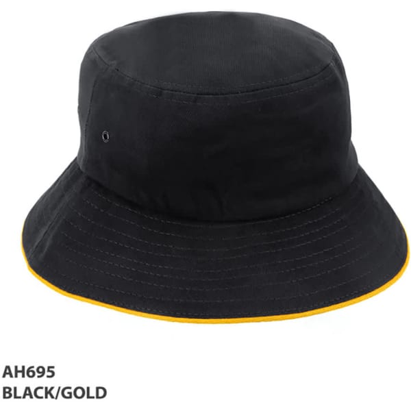A black bucket hat with a gold trim and an attached logo. Suitable for various outdoor activities.