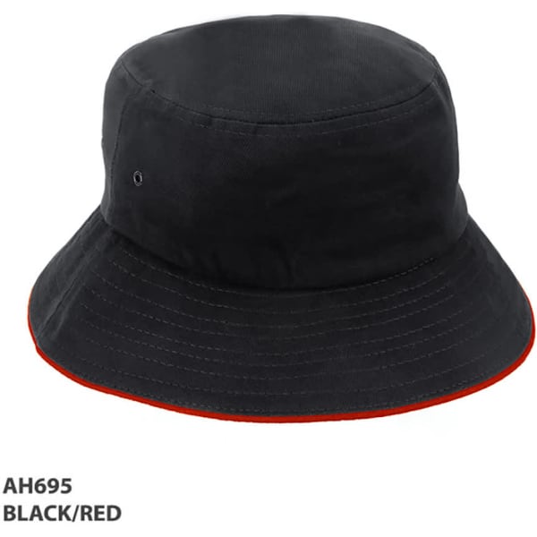 A black bucket hat with a red brim and an eyelet, featuring a logo.