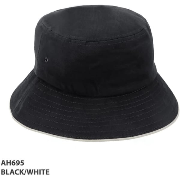 A black bucket hat with a white band at the base, featuring a logo on the side.