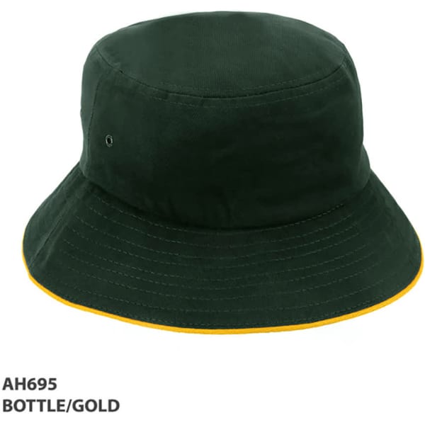 A bottle green bucket hat with a gold trim and an attached logo.