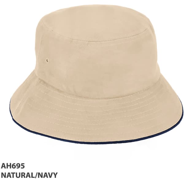 A natural and navy bucket hat with a wide brim and a single logo.