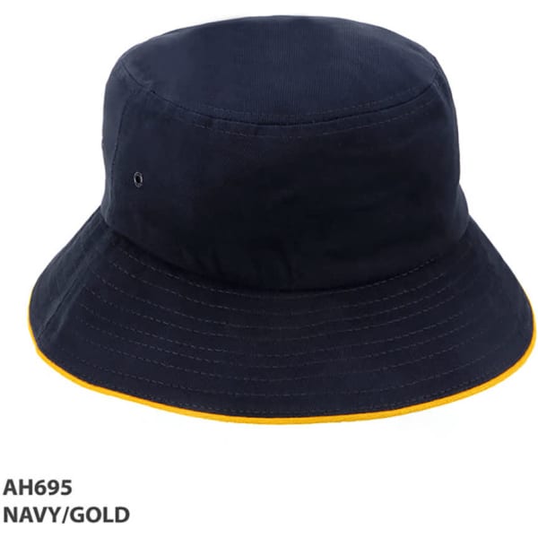 A navy bucket hat with a gold trim and an inner logo on the side. Suitable for outdoor wear.