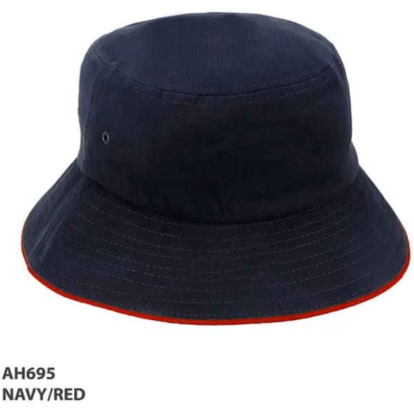 A navy and red bucket hat featuring a logo, perfect for headwear.