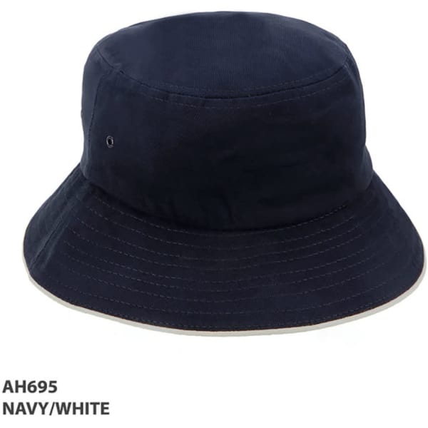 A navy and white bucket hat featuring a branded logo and a wide brim.