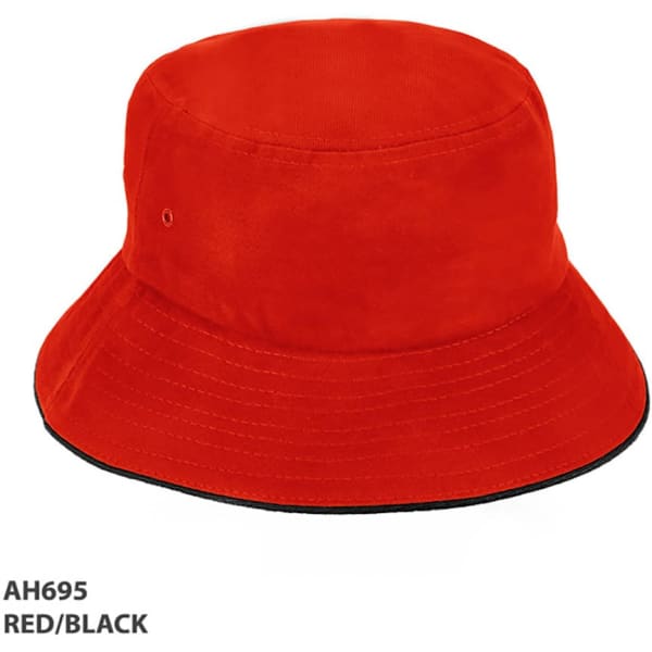 A red and black bucket hat featuring a logo and a wide brim for sun protection.