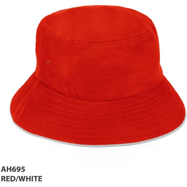 A red and white bucket hat with a branded logo, showcasing a classic design and wide brim.