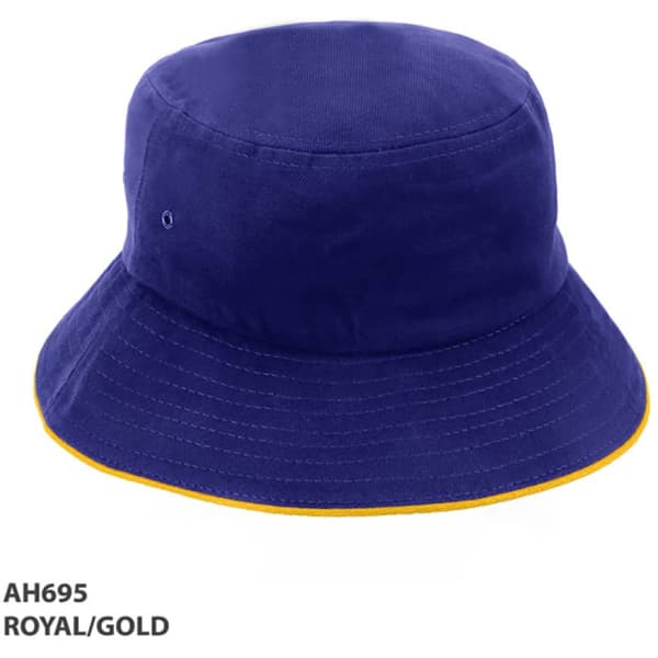 A royal blue bucket hat with a gold trim and a logo on the side.