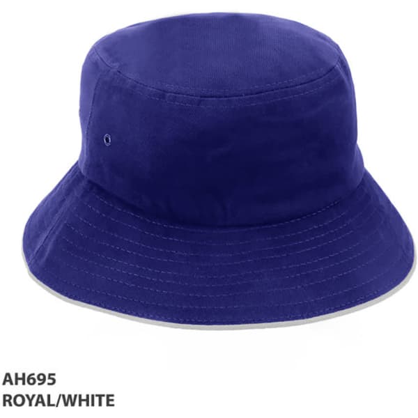 A royal blue and white bucket hat featuring a logo, designed for casual headwear.