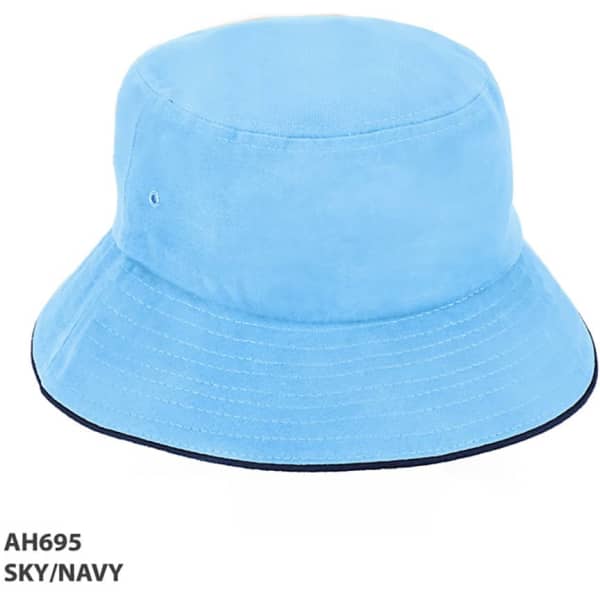 A sky blue bucket hat with a navy trim and a logo on the side.