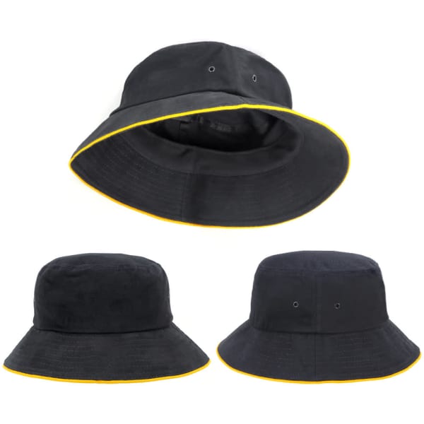 A black bucket hat with a yellow trim, featuring a logo and a wide brim.