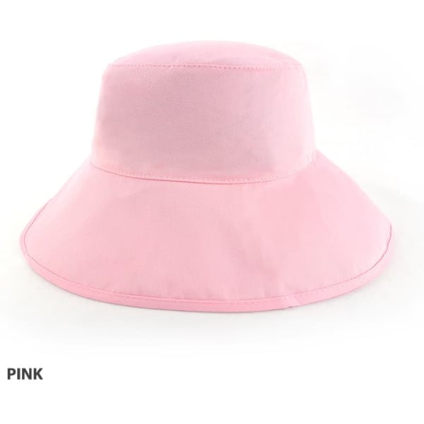 A pink bucket hat with a wide brim, featuring a lightweight design and a logo. 