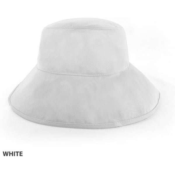 A white bucket hat with a wide brim, featuring a logo on the side.
