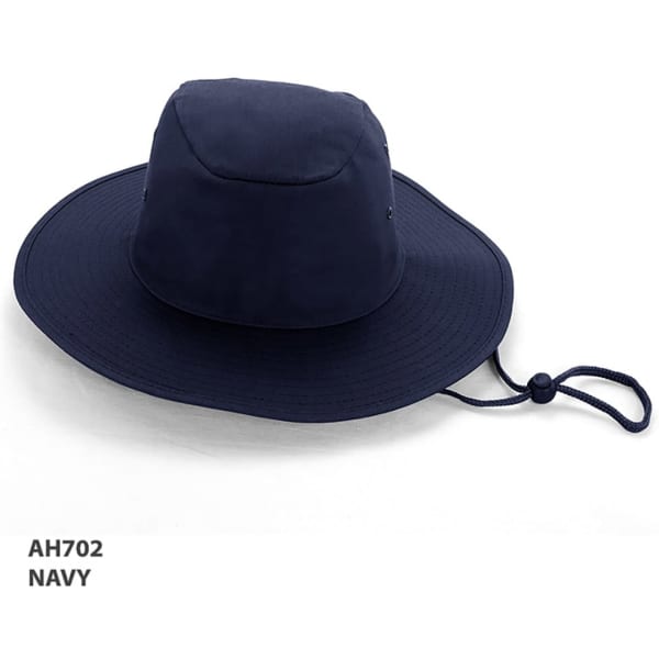 A navy poly cotton slouch hat with a wide brim and drawstring. It features ventilation holes and a structured crown.