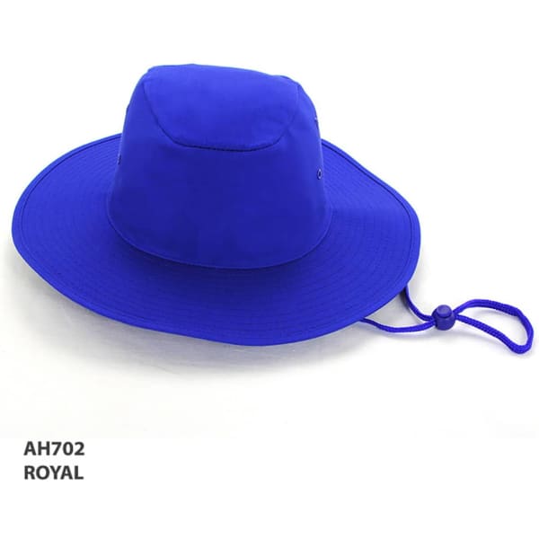 A royal blue Poly Cotton Slouch Hat featuring a wide brim and adjustable cord. Includes a logo on the side.
