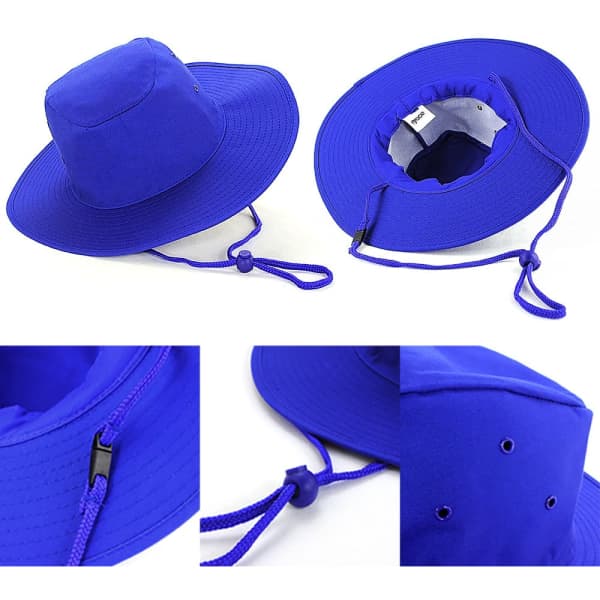 A blue Poly Cotton Slouch Hat with a wide brim and adjustable drawstring. Features ventilation holes and a logo.