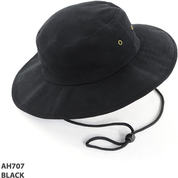 A black bucket hat with a wide brim, featuring brass eyelets and an adjustable drawstring.
