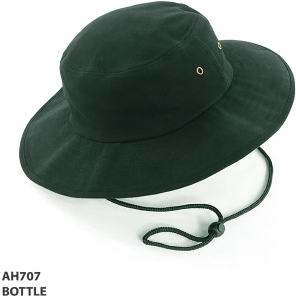 A green bucket hat with a wide brim and adjustable chin strap, featuring eyelets on the sides.