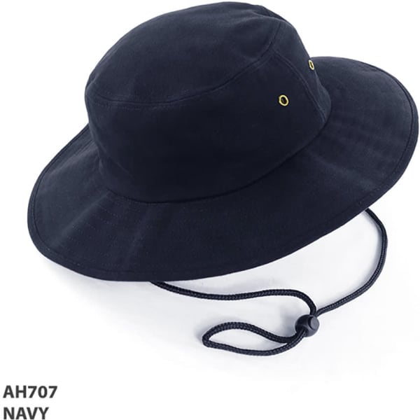 A navy bucket hat with a wide brim, featuring eyelets and an adjustable chin strap.