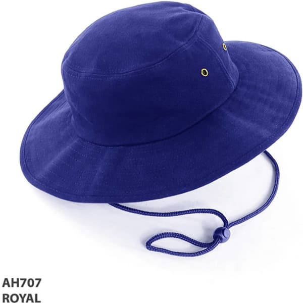 A royal blue bucket hat with ventilation eyelets and an adjustable chin strap. It features a branding logo.