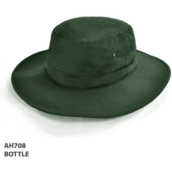A green Polyviscose bucket hat with a wide brim and a small branding logo.