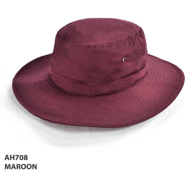 A maroon Polyviscose School Hat with a wide brim and a smooth texture, featuring a logo.