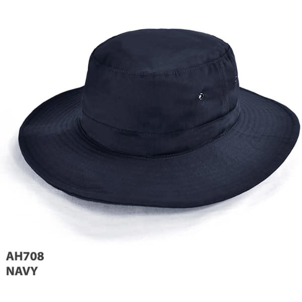 A navy Polyviscose bucket hat with a wide brim and a label, featuring a simple design.