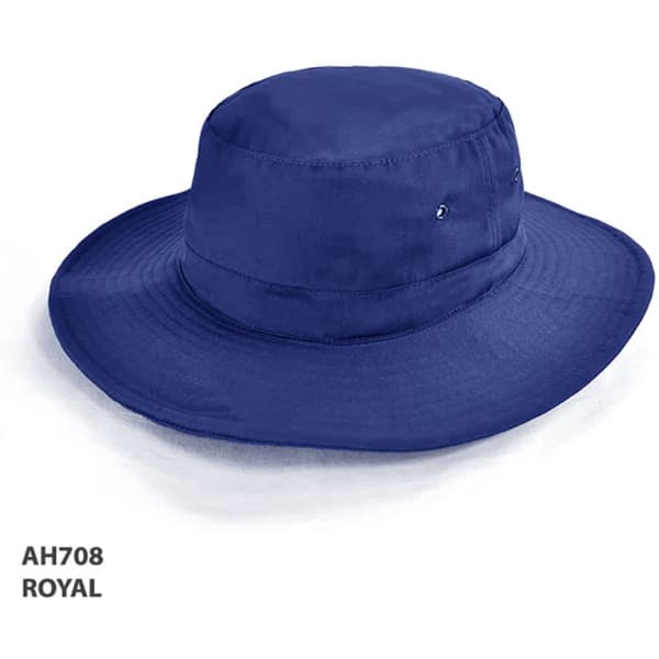 A royal blue Polyviscose school hat with a wide brim, featuring a small logo.