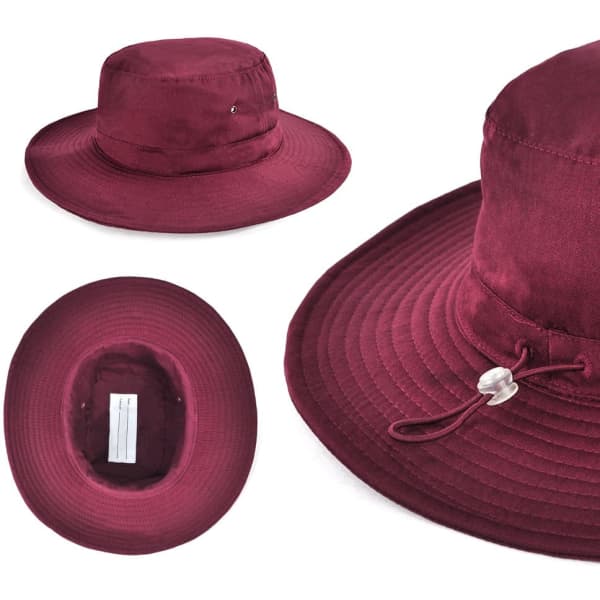 A burgundy polyviscose bucket hat with a wide brim, featuring an adjustable toggle and a logo.