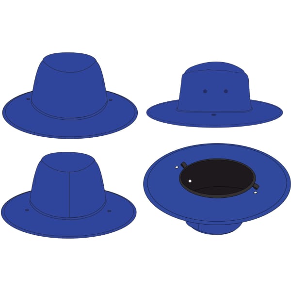 A blue foam hat with a wide brim, featuring ventilation holes and a circular base. It has a logo.