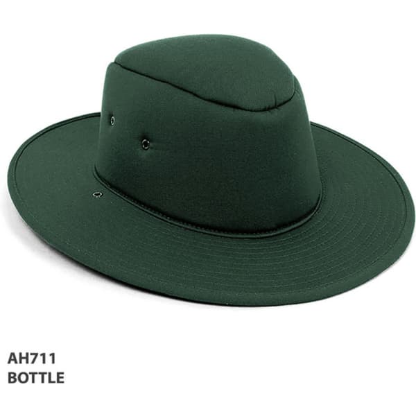 A green foam hat with a wide brim and ventilation holes, featuring a simple design and a logo.