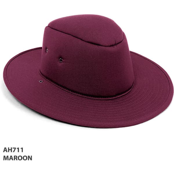 A maroon foam hat with a wide brim and a rounded crown, featuring ventilation holes and a logo.