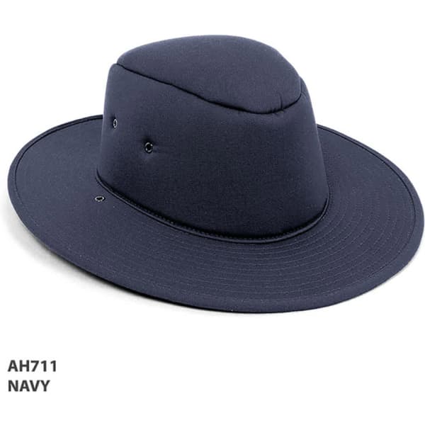 A navy school foam hat with a wide brim and ventilation holes, featuring a logo on the side.