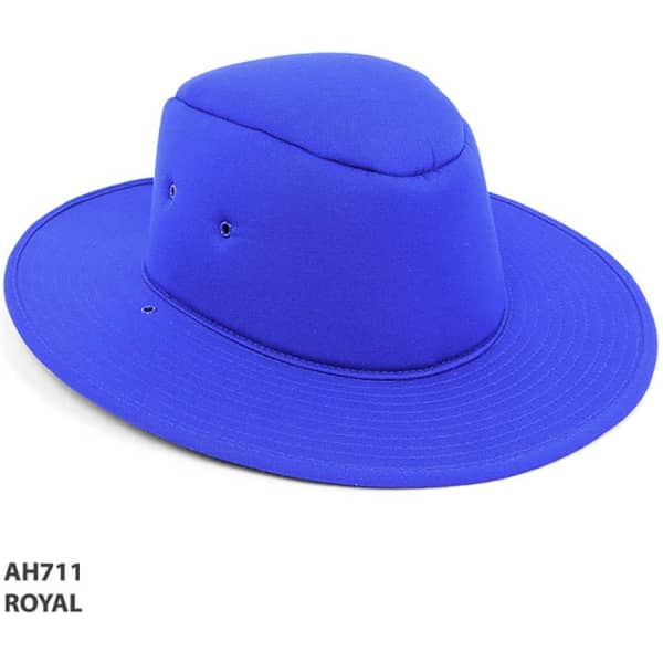 A royal blue foam hat with a wide brim and an indented crown, featuring ventilation holes and a logo.