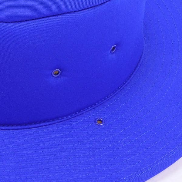 A blue foam hat with a wide brim and ventilation holes, featuring a smooth texture and a simple design.