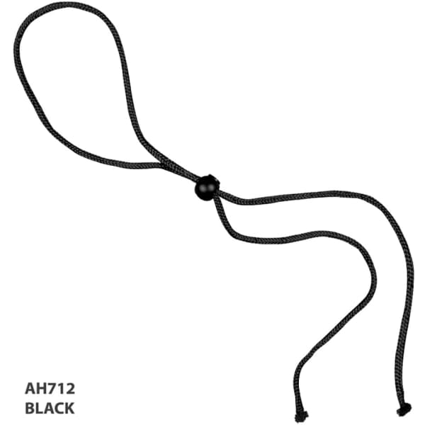 A black rope and toggle with a central bead for adjustment, featuring two elongated ends.