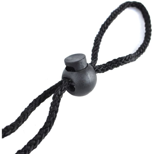A black rope and toggle, featuring a round plastic bead and braided cord design.