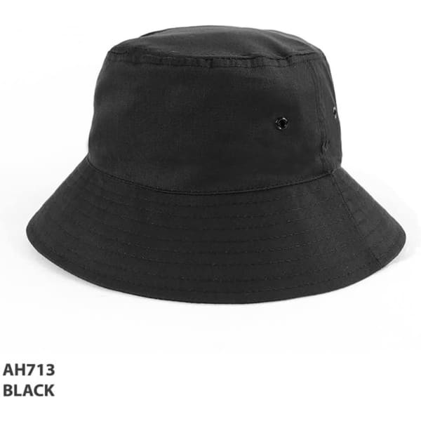 A black polycotton bucket hat with ventilation eyelets and a wide brim, featuring a logo.