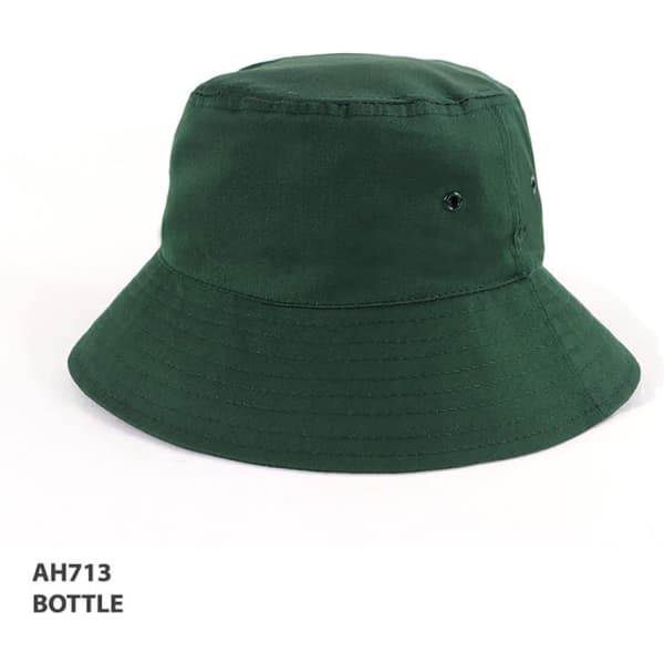 A green polycotton bucket hat with a wide brim and a small logo on the side.