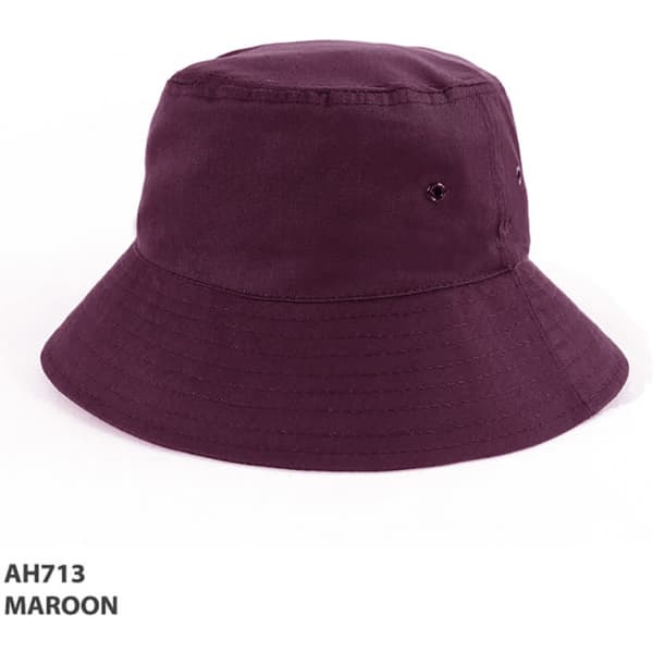 A maroon polycotton bucket hat with a wide brim and metal vents. It features a logo on the side.