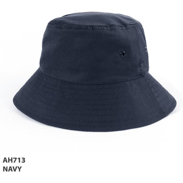 A navy polycotton school bucket hat with a wide brim and ventilation eyelets, featuring a logo.