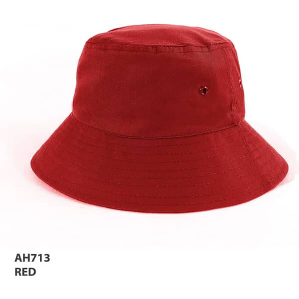 A red polycotton bucket hat featuring a wide brim and ventilation eyelets, with a small logo detail.
