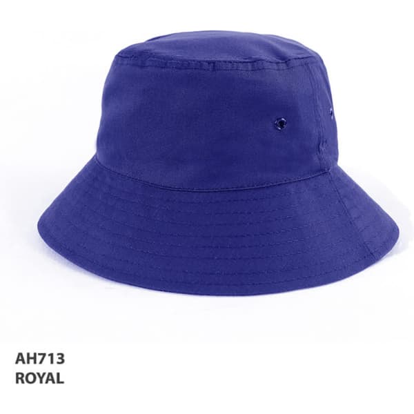 A royal blue polycotton bucket hat with a wide brim and ventilation holes. It features a logo.
