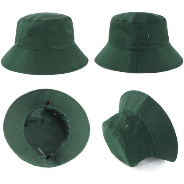 A green polycotton bucket hat with a wide brim and ventilation holes, featuring an interior lining.