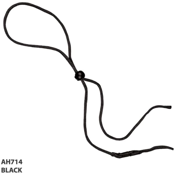 A black rope and toggle product with adjustable loops and a bead toggle mechanism. It includes a branding logo.