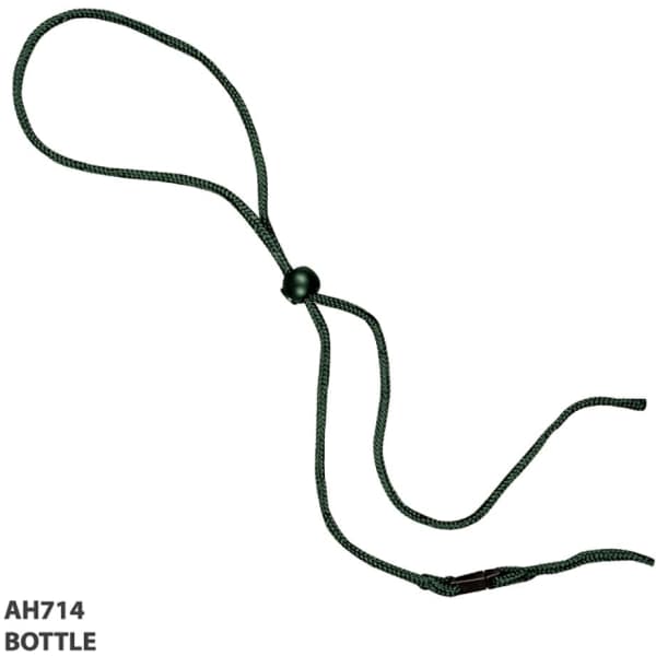 A green rope and toggle product displayed against a white background. It features a bead and adjustable ends.